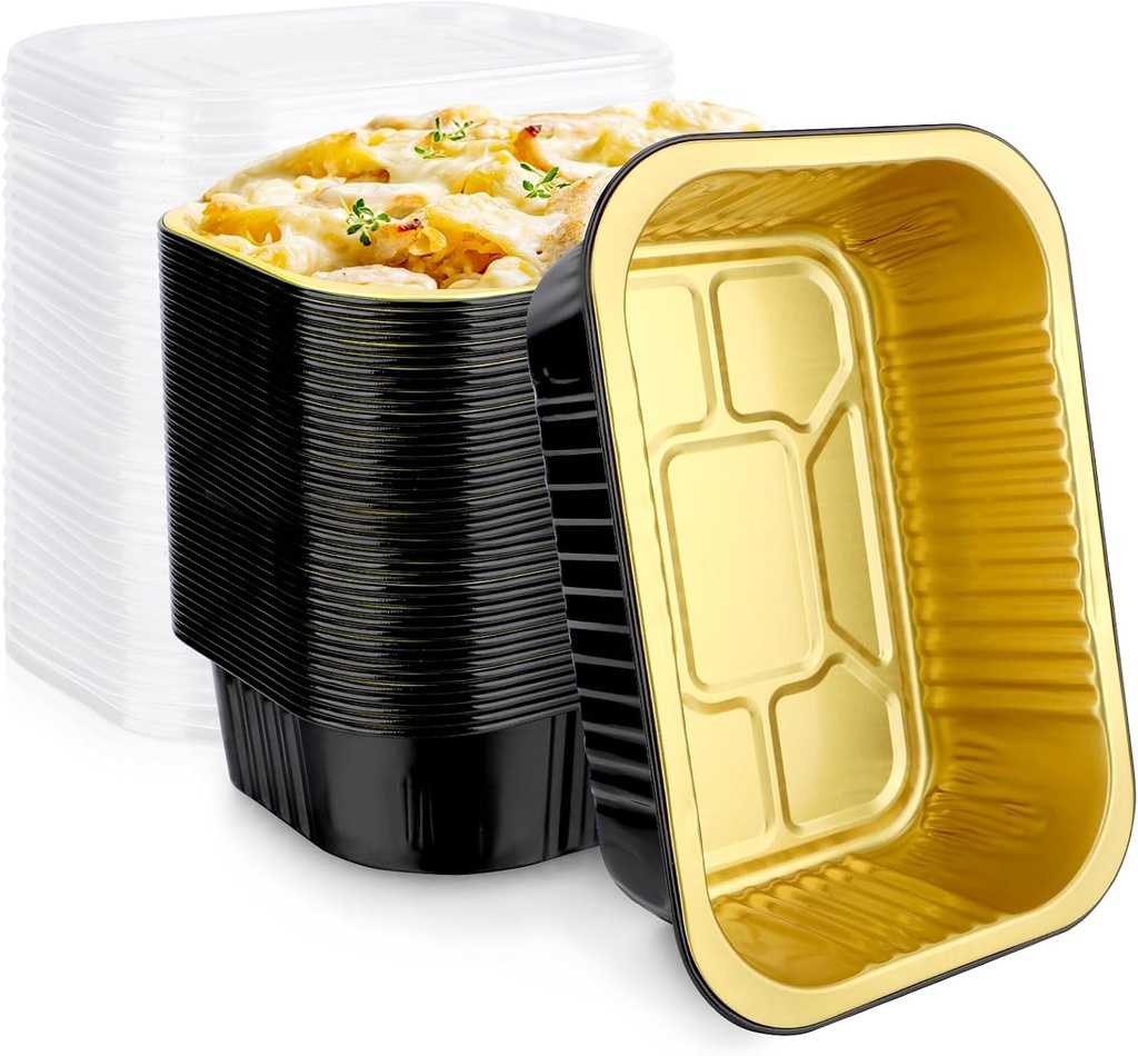 EUSOAR Aluminum Pans with Lids, 50pack 16oz Small Disposable Aluminum Loaf Cake Food Storage Pans, Catering Party Meal Prep Freezer Drip Pans for Microwave Oven Safe Cooking,Baking,Heating,Takeout