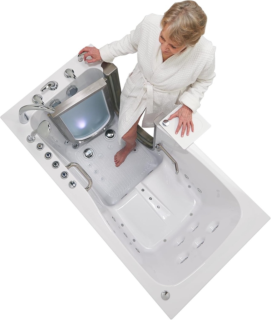 Ella Ultimate 30"x60" Acrylic Air & Hydro + Independent Foot Massage Walk-In-Bathtub, Right Inward Swing Door, 5 Piece Fast Fill Faucet, 2" Dual Drain