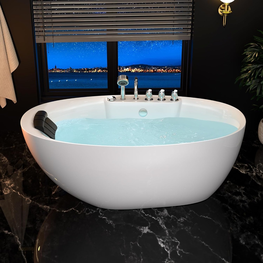 Empava 59" x 28" Freestanding Whirlpool Tub, Stand Alone Jetted Bathtub, Boat Shape with Large Recline Angle, Hydromassage, Adjustable Water Nozzles,Acrylic,ETL Certified