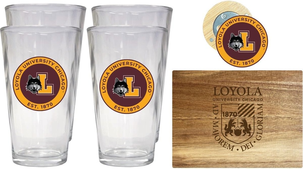 R and R Imports Loyola University Ramblers Officially Licensed Kitchen Pack - Wood Cutting Board, 4 Pint Glasses & Magnetic Bottle Opener