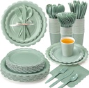 175 Pcs Sage Green Plates and Napkins, 25 Guest Spring Party Supplies Include Scalloped Paper Plates Napkins Cups Plastic Spoons Forks Knives Disposable Tableware Set for Baby Shower