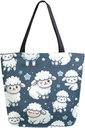 ALAZA Cartoon Sheep on Dark Blue Background Canvas Tote Bag for Women Travel Work Shopping Grocery Top Handle Purses Large Totes Reusable Handbags Cotton Shoulder Bags