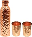 Pure Copper Water Bottle with 2 Copper Glass Drinkware Set Pack of 3 (1000 ML Bottle, 300 ML Glass)