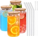 4pcs Transparent Can Glass Cups with Bamboo Lids & Stainless Steel Straw Large Thick Drinking Glasses Set Can Shaped Beer Glasses Tumbler for Cold Drink Juice Coffee