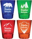 Trenton Nebraska Souvenir 4-Pack Multicolor Engraved Round Shot Glasses Camping and Outdoors Set