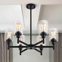 Black Chandelier, 6 Light Farmhouse Chandeliers for Dining Room Light Fixtures Over Table, Industrial Hanging Lighting with Clear Glass Shade for Living Room Kitchen Island Bathroom Entryway Bedroom