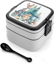 Animals And Gifts Bento Box for Adults Double Layer Lunch Box with Spoon And Invisible Handle Microwave Dishwasher Safe Leak Proof Meal Prep Lunch Containers for Office Picnic