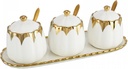 Porcelain Condiment Jar Spice Container with Lids, Spoon and Tray, Set of 3,Modern Spice Box Seasoning Jar for Your Home, Kitchen, Counter (White gold)