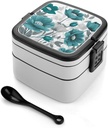 Teal Grey And White Floral Bento Box with Compartments Double Layer Bento Lunch Box with Spoon And Handle All-in-One Adult Lunchbox Leakproof Lunch Container for Work Picnic Travel