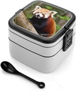 All-in-One Bento Box Stackable Leak-Proof Lunch Box With Carry Handle 2 Layer Portable Meal Prep Container Little Red Panda Lunchbox with Utensils for Dining Out Work, Black