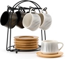 LUKA Ceramic Coffee Espresso Cups with Saucers Set with Metal Holder, 4 oz Porcelain Demitasse Cups For Espresso, Latte, Coffee, Cafe Mocha, Tea, Set of 6, Stripe White & Black
