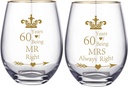 Pack of 2 Wine Glass Mr Right Mrs Always Right 60th Wedding Engagement Anniversary Cups for Couple Parents Tumbler 60 Years Anniversary Present Wine tumbler Cups