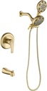 Tub and Shower Faucet Set Complete Dual Shower Head and Handheld 2 in 1 Combo Set Shower System with Tub Spout Tub and Shower Trim Kit Brushed Gold