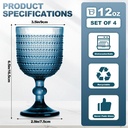 12 oz Blue Vintage Wine Glasses,Hobnail Drinking Glasses Set of 4,Embossed Goblet Glasses for Wedding,Party, Dinner,Bar