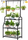 Simple Trending Plant Stand Indoor Outdoor, Heavy Duty Metal 3 Tiered Hanging Plant Shelf for Multiple Flower Planter Holder Tall Large Rack for Living Room Garden Balcony, Black