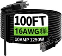 HUANCHAIN Indoor Outdoor Black Extension Cord 100 ft Waterproof, 16/3 Gauge Flexible Cold-Resistant Appliance Extension Cord Outside, 10A 1250W 16AWG SJTW, 3 Prong Heavy Duty Electric Cable, ETL