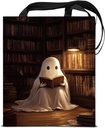 Spooky Ghost Canvas Tote Bag for Women Book Lovers Ghost Reading Gothic Aesthetic Reusable Grocery Shoulder Bag for Shopping Work Class Beach Bookish Totes Gifts