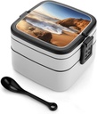 Beach Malibu Bento Box, Reusable Double Layer Lunch Box with Handle & Dividers, 1000ml Leakproof Lunch Container for Office, Picnic, Travel