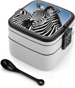Stackable Double-Layer Bento Box Zebra Adults Lunchbox With Spoon Cute Japanese Bento Box Dishwasher Safe for Work Travel Dining Outc