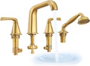 Roman Tub Faucet with Sprayer, Garden Tub Faucet with Valve, Brass 4 Hole 2 Handle, Widespread Deck Mount Tub Filler with Diverter, High Flow Bathtub Faucet with Hand Shower Brushed Gold