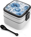 Flowers on White Background Bento Box with Compartments Double Layer Bento Lunch Box with Spoon And Handle All-in-One Adult Lunchbox Leakproof Lunch Container for Work Picnic Travel