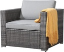 Patiorama Patio Single Sofa, Outdoor Armchair, All-Weather Grey PE Wicker Rattan Sectional Sofa, Additional Chair for Furniture Set, Patio Seating for Balcony Garden Porch Pool (Light Grey Cushion)