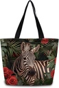 Floral Zebra Tote Bag Reusable Grocery Bags Aesthetic Shopping Shoulder Handbag with Interior Zipper Pocket Stylish Floral Zebra Present for Women