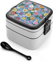 Floral Background Bento Box 1000ml Leak Proof Lunch Container with Removable Dividers & Spoon - BPA-Free PP Stackable Lunch Box for Work, Office, Picnic, Travel, Dining Out