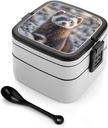 Hairy Ferret Bento Box Double-Layer Bento Lunch Container with Spoon And Invisible Handle Adult Leak-Proof Lunchbox for Dining Out Work Picnics Travel