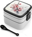 Cherry Blossom Watercolor Bento Box Adult Lunch Box All-in-One Lunch Containers with Removable Compartments Double Layer Bento Lunch Box with Spoon And Handle Stackable Lunchbox