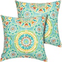 FUNHOME Outdoor Indoor Throw Pillows 18”x18”, Set of 2 Decorative Throw Pillows with Inserts, All Weather Water-Repellent Square Pillows for Bed, Couch, Sofa and Patio Furniture -Cyan Circle