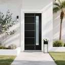 36" x 80" Fiberglass Entry Door, Left-Hand Inswing, Brickmould & 4-9/16 White Vinyl Frame, Frosted Glass Black Woodgrain Brushed Surface, Knock-Down, V-Groove Flush Panel Exterior Front Door for Home