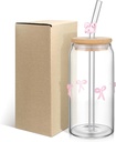 Honeydak Pink Bow Icon Juice Glass Tumbler with Lid 16oz Drinking Sweet Glass Cups with Lids and Straws for Tumblers Valentines Birthday Gifts for Women Her Mom Daughter Wife