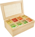 JJSQ Wooden Tea Bag Organizer Box with Lid, 8 Compartment Tea Storage Chest, Tea Caddy Holder Organizer for Countertop, Tea Station and Tea Accessories (Natural)