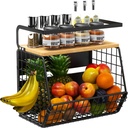 Magnetic Shelf for Fridge with Bamboo Lid,Fruit Vegetable Potato and Onion Wire Basket, Refrigerator Magnetic Spice Rack for Countertops, Cabinets, Laundry Rooms and RVs (Black, 1 Pack)