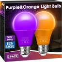 Orange Purple Light Bulbs [2 Pack], A19 LED Orange and Purple Bulb Outdoor, Halloween Light Bulbs, 9W (60 Watt Equivalent) - E26 Colored Light Bulb for Porch Light Christmas Party Home Holiday Decor