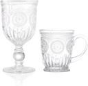 Yungala Clear Glass Mugs and Wine Goblets – Set of 4 Vintage Sunflower Coffee Mugs and 6 Pressed Glass Wine Glasses – Dishwasher-Safe Clear Glass Drinkware with Embossed Detailing