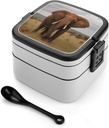 African Animal Elephant Bento Box for Adults Double Layer Lunch Box with Spoon And Invisible Handle Microwave Dishwasher Safe Leak Proof Meal Prep Lunch Containers for Office Picnic
