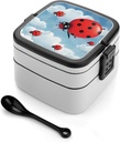 Ladybug And Cloud Bento Box Double-Layer Bento Lunch Container with Spoon And Invisible Handle Adult Leak-Proof Lunchbox for Dining Out Work Picnics Travel