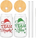 2 Pack Christmas Iced Coffee Cup Team Naughty or Nice Beer Can Glass Red Green Xmas Glass Cup with Lid Straw for Home Office Gifts,16oz