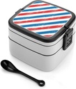 Red White Blue Barber Pattern Portable Bento Box with Handle 2 Compartment Leak-Proof Stackable Lunch Box for Work Picnic Camping