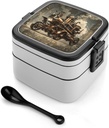 Steampunk Style Bento Box Double-Layer Bento Lunch Container with Spoon And Invisible Handle Adult Leak-Proof Lunchbox for Dining Out Work Picnics Travel