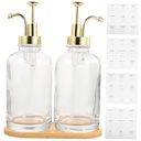 Angoily Glass Syrup Dispenser Decorative Pump Bottle for Coffee Station Accessories Honey and Juice Storage Compact Design with Protective Lid Gold Bottles with Tray and Stickers