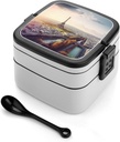 Aerial View Of Paris Cityscape Bento Box with Compartments Double Layer Bento Lunch Box with Spoon And Handle All-in-One Adult Lunchbox Leakproof Lunch Container for Work Picnic Travel