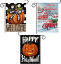 Doncida 3 Pack Happy Halloween Thanksgiving Christmas Garden Flag 12x18 inch Double Sided Burlap Pumpkin Welcome Fall Holiday Small Yard Flag for Outside Decoration
