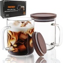 Glass Coffee Mugs Cups with Acacia Wood Lid 20 oz, Glass Mug Set of 2, Large Coffee Mug with Handles Microwave and Dishwasher Safe, Coffee Mugs for Latte, Espresso, Tea