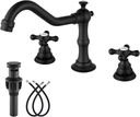 gotonovo Bathroom Faucet 3 Hole 8 Inch Widespread Bathroom Sink Faucet 2 Cross Handles Vintage Lavatory Vanity Mixer Tap with Pop Up Drain, HOT Cold Label, Matte Black