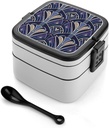 Blue And White Lines Bento Box Adult Lunch Box All-in-One Lunch Containers with Removable Compartments Double Layer Bento Lunch Box with Spoon And Handle Stackable Lunchbox
