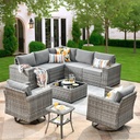 9 Piece Outdoor Patio Furniture Set Featuring Wicker Sectional Sofa, Two Swivel Chairs, Coffee Table, Modern Modular Rattan Couch Deep Seat Conversation Sets for Garden Deck