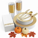 FOCUSLINE 175 Count Gold Dinnerware Set for 25 Guests - Disposable Plastic Plates with Gold Grid, Includes 25 Dinner & Salad Plates, Cups, Napkins, Cutlery Set for Wedding Parties